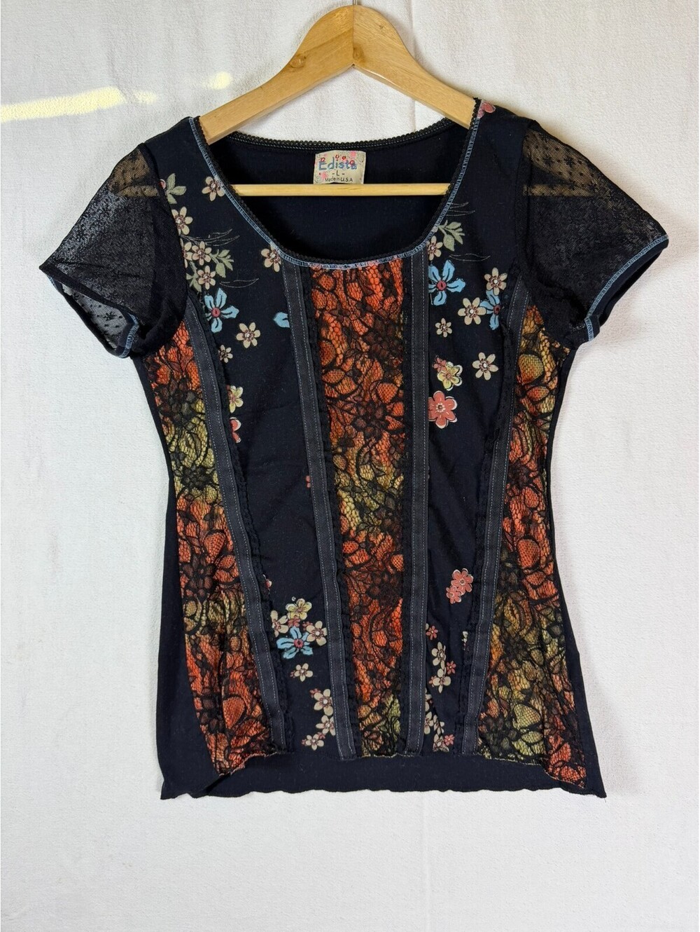 Vintage Edista Womens Large Y2K Floral Lace Panel Mesh Sleeve Top Black USA Made